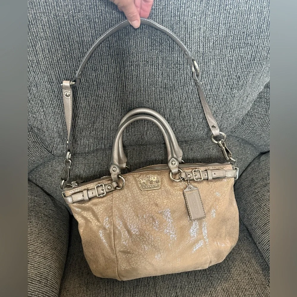 Coach Tan Metallic  Madison Satchel with Double Handles and Detachable Strap